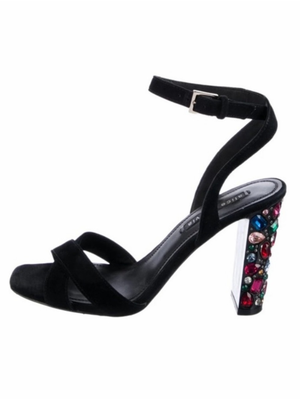 Alice & Olivia Suede Jeweled Block Heel Ankle-Strap Sandal